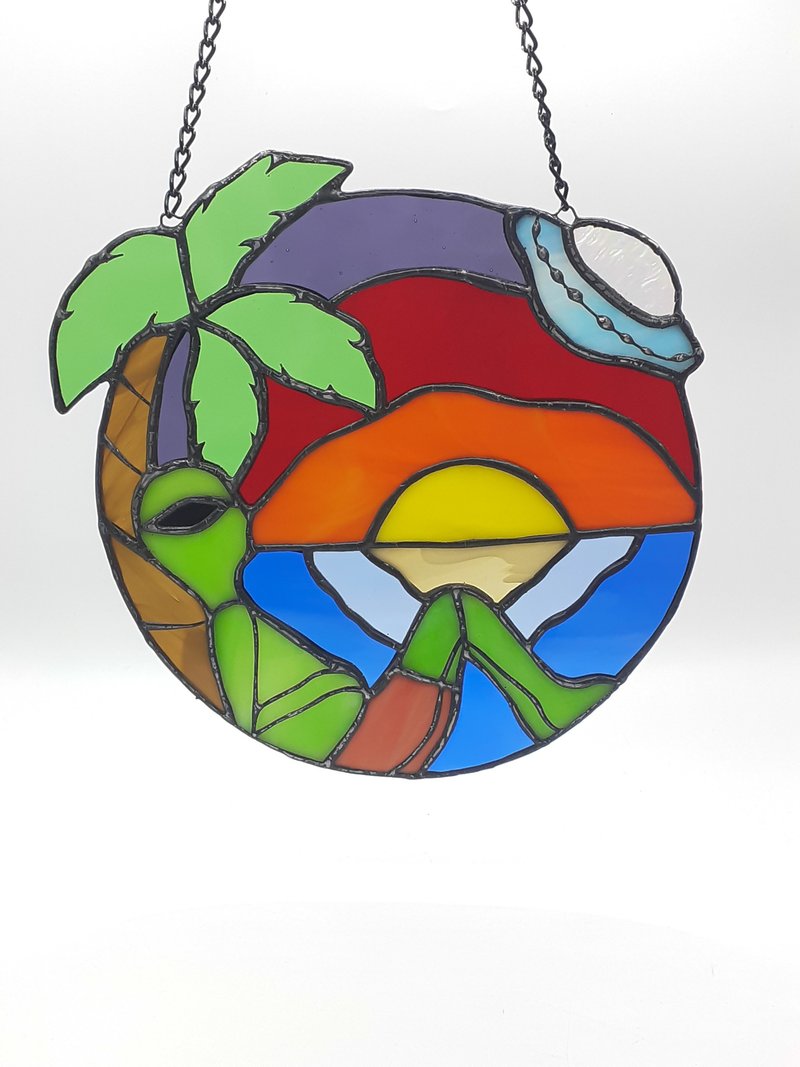 Ufo Dreamcatcher Stained Glass, Alien Ocean Waves Ornament, Stained Glass - Items for Display - Glass Multicolor