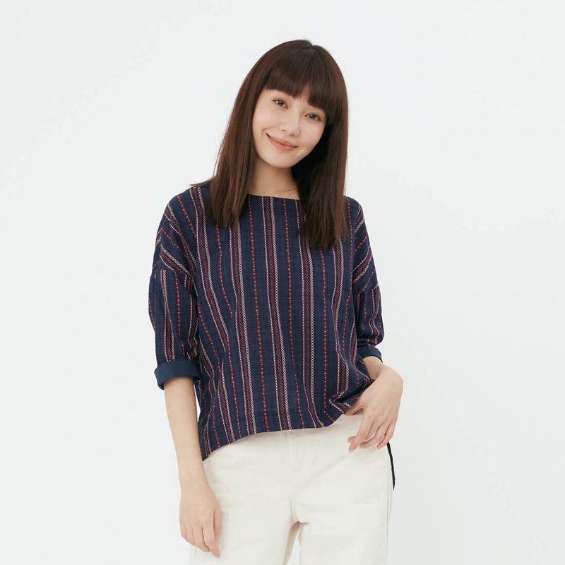 Irene Half Sleeves Round neck Top Stripe Blue - เสื้อผู้หญิง - ผ้าฝ้าย/ผ้าลินิน สีน้ำเงิน