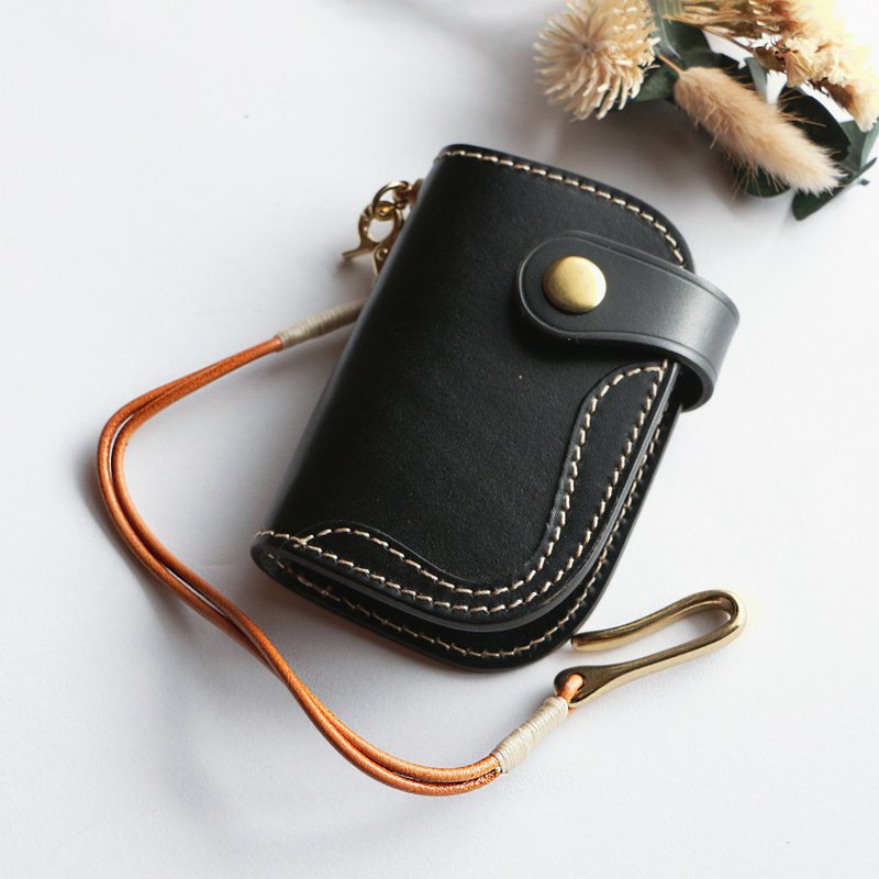 Natural leather key holder, key case with string, card case, black color - Keychains - Genuine Leather Black