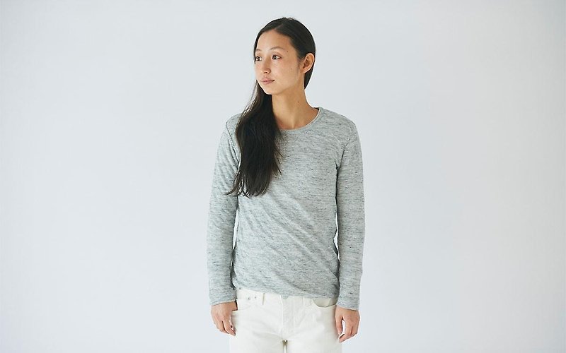 Linen knit women / L long sleeve pullover (gray) - Women's Tops - Cotton & Hemp Gray