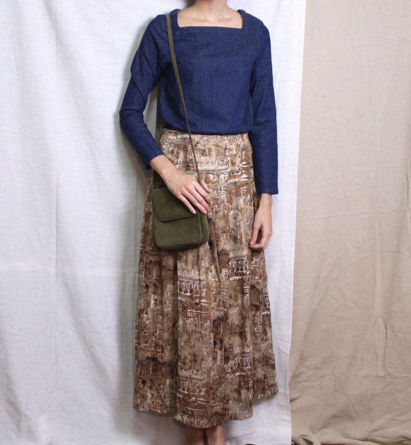 FOAK vintage Japanese brown hakama with painted ancient city - Women's Pants - Other Materials 