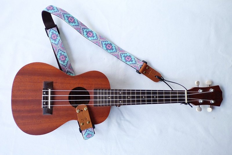 Blue-Pink Retro Ukulele Strap 3in1 - Guitars & Music Instruments - Genuine Leather Blue