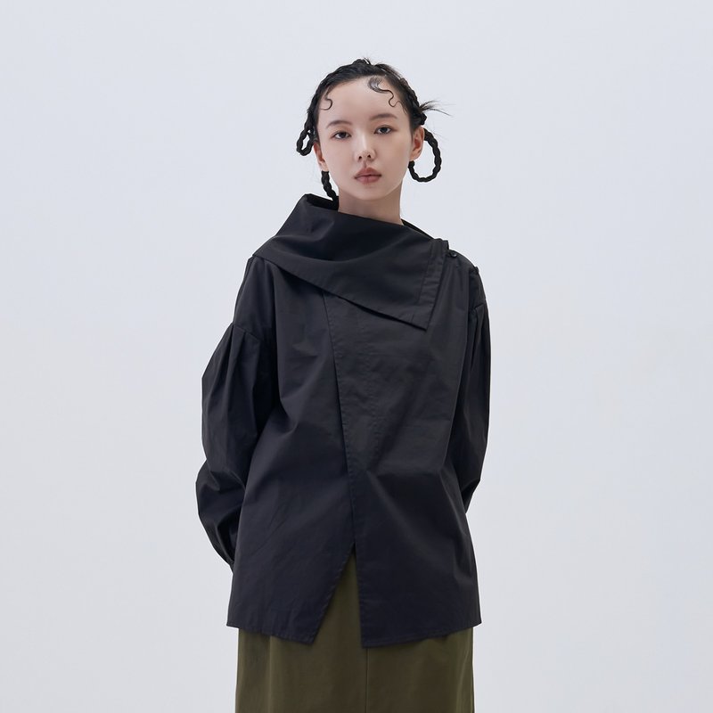 大翻領泡袖上衣 - 女上衣/長袖上衣 - 棉．麻 黑色