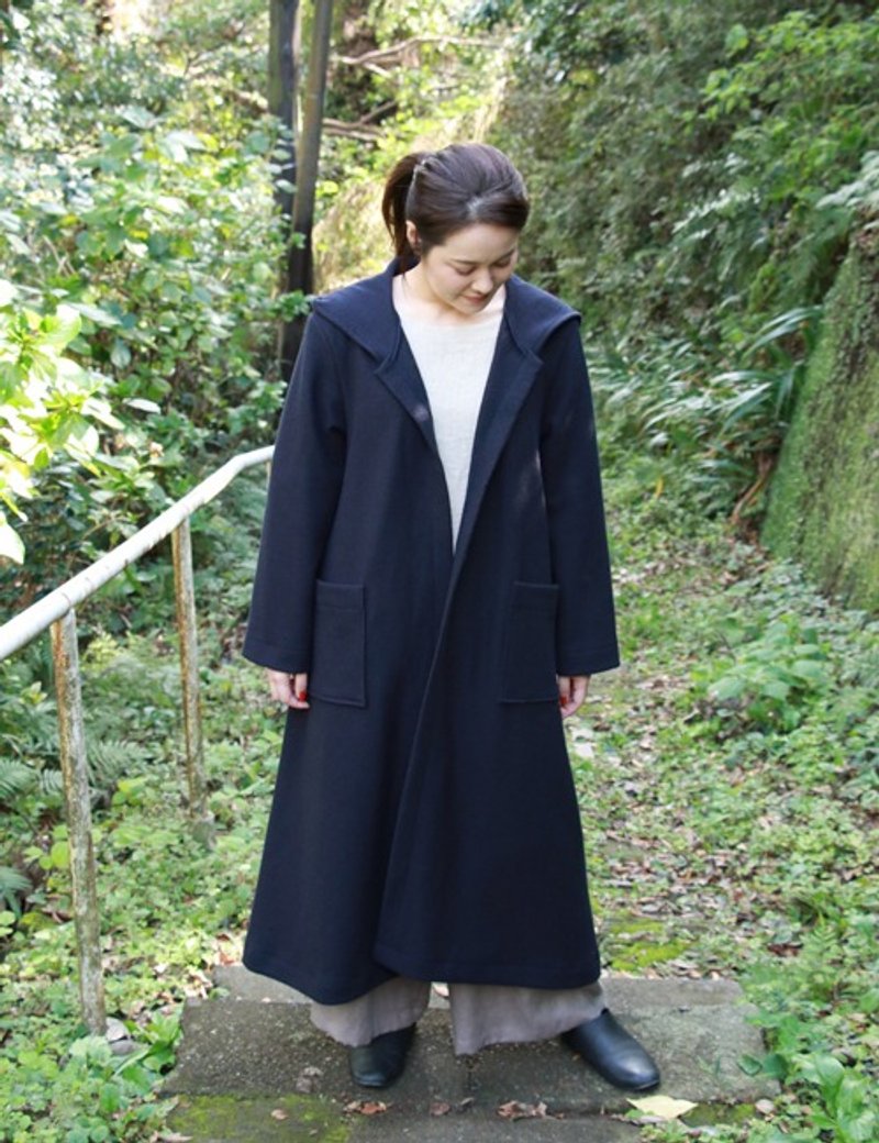 Compressed wool hooded coat - เสื้อสูท/เสื้อคลุมยาว - ขนแกะ สีน้ำเงิน