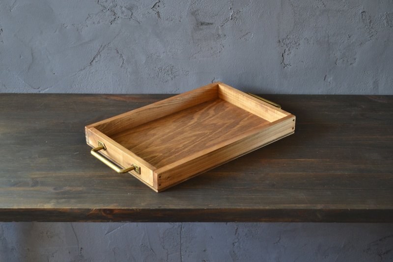 Simple cafe tray made from Japanese cypress with antique gold handles 0310mito - Serving Trays & Cutting Boards - Wood Brown