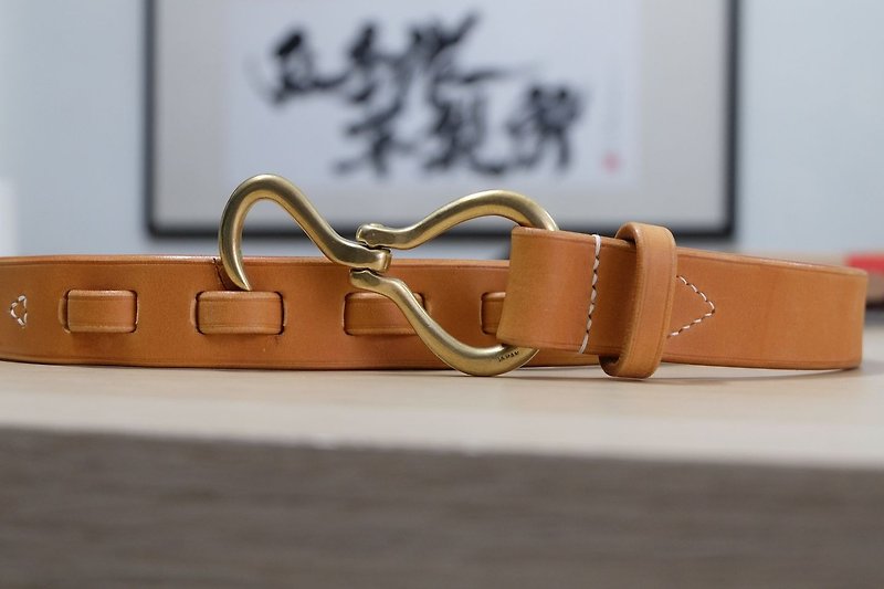 Bronze hook buckle belt HiroLeatherworks fully hand-stitched vegetable tanned belt made in Japan Bronze - Belts - Genuine Leather Orange