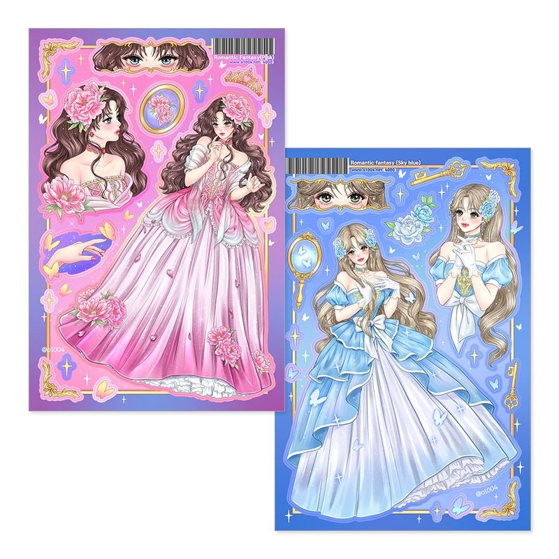 ロマンスファンタジーカットステッカー（ピンク/スカイブルー） - ステッカー・シール - 紙 