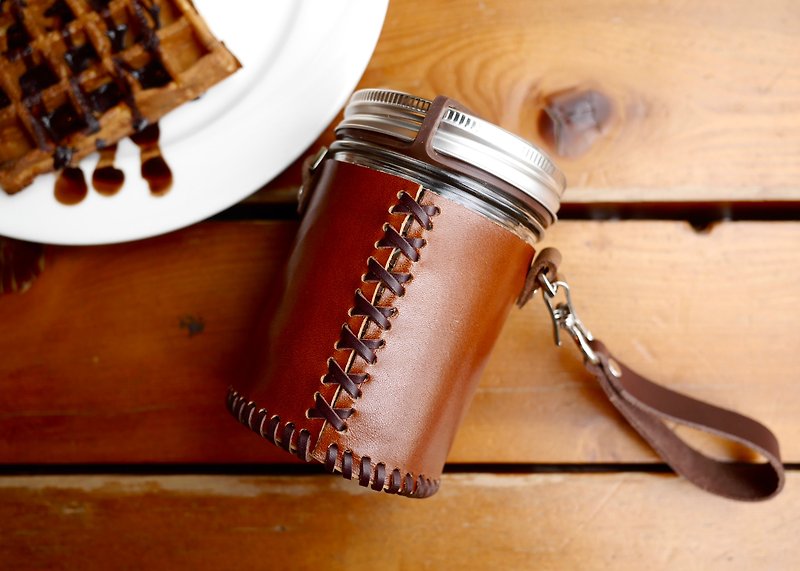 Mason jar 16oz wide mouth special leather bottle set - Pitchers - Genuine Leather Brown