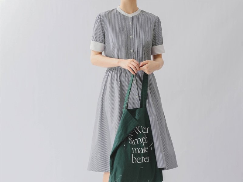 French retro gentleman girl yarn-dyed striped contrast color stand collar cotton dress - ชุดเดรส - ผ้าฝ้าย/ผ้าลินิน สีน้ำเงิน