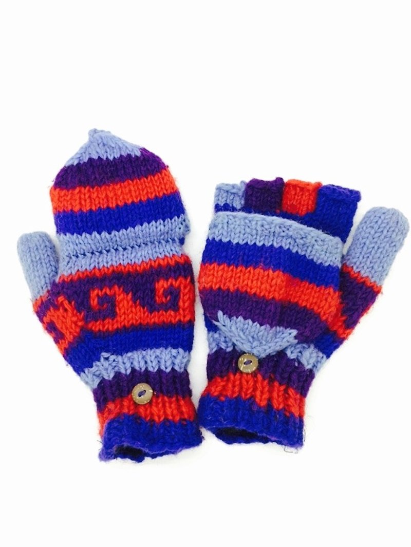 尼泊爾100%wool手工厚針織純羊毛手套-紅x藍x紫 北歐風格 - 手套/手襪 - 羊毛 多色