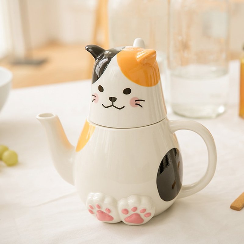 sunart cup pot set-three-color cat - Teapots & Teacups - Porcelain White