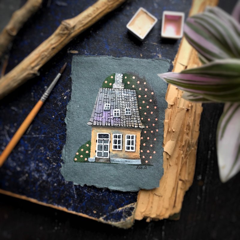 Cute house Mini Original art Watercolor on handmade paper by Rubinova - 海報/掛畫/掛布 - 紙 多色