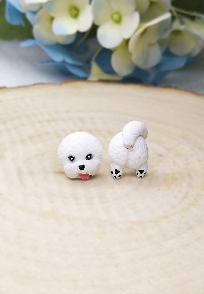 Bichon Frise Earrings - White Color Stud Earrings - ต่างหู - ดินเหนียว 