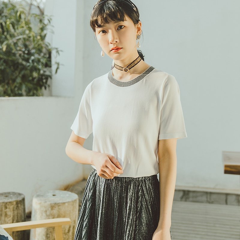 安妮陳2018夏裝新款文藝女裝撞色領針織T恤 - T 恤 - 其他人造纖維 白色