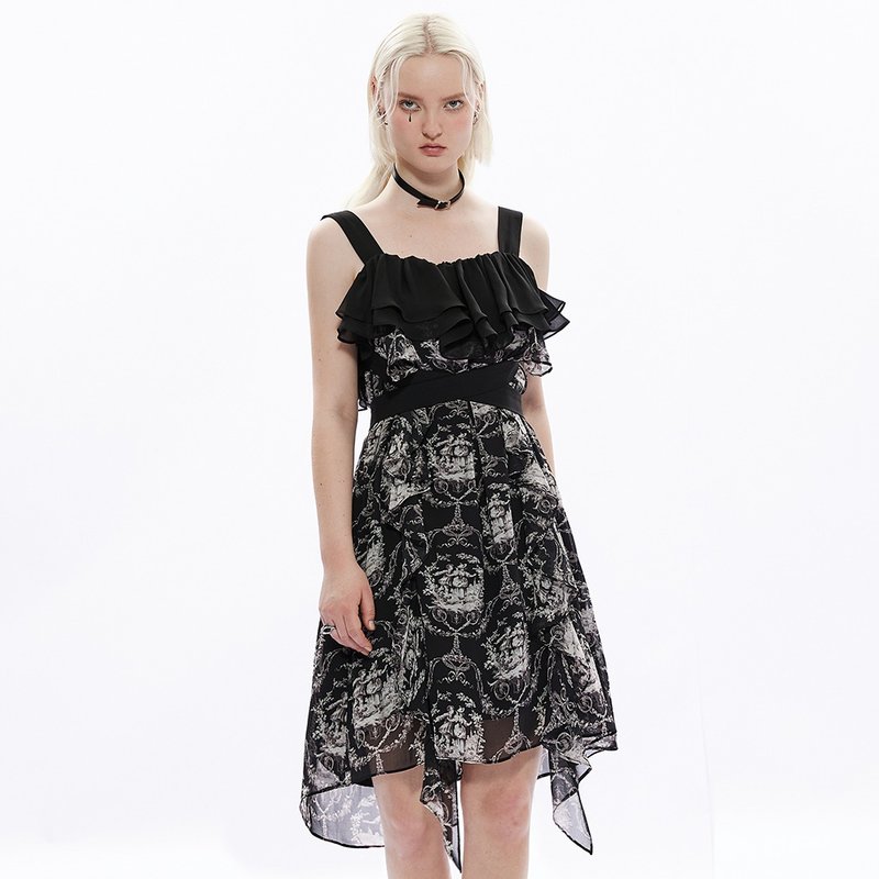 baroque witch lotus leaf chiffon dress / loose fit / two-way - ชุดเดรส - วัสดุอื่นๆ สีดำ