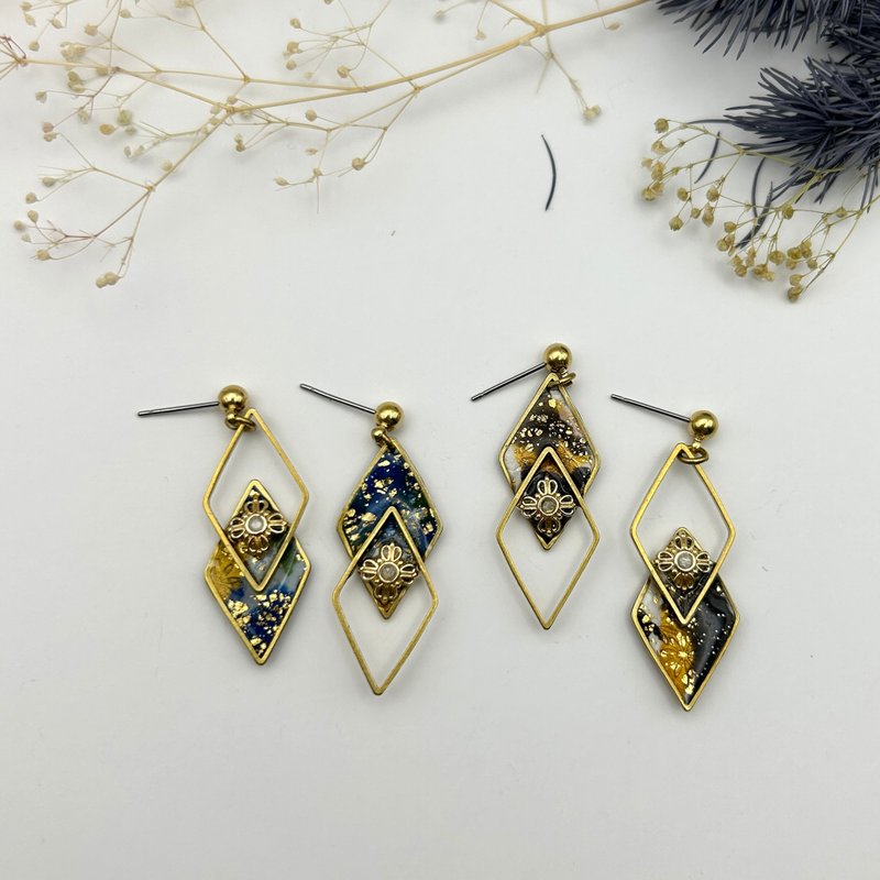 Large double diamond/polymer clay handmade earrings - ต่างหู - ดินเผา หลากหลายสี