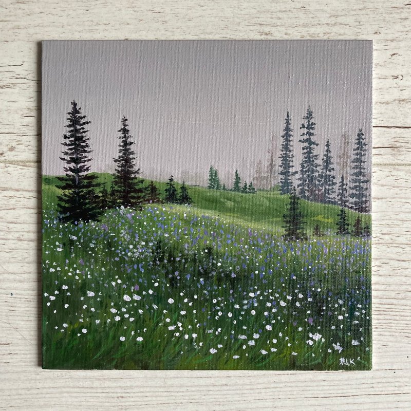 Tree Painting, Small Original Art, Forest Landscape Painting, Small Oil Art - โปสเตอร์ - ผ้าฝ้าย/ผ้าลินิน สีเขียว