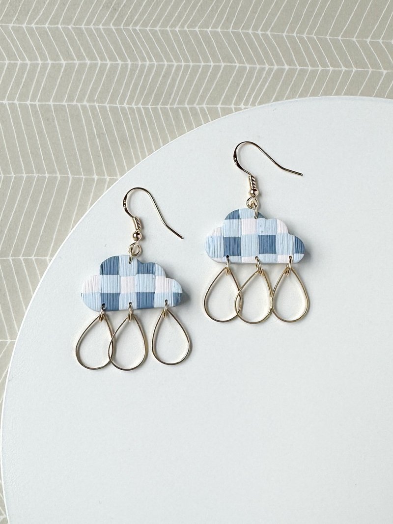 • Handcrafted Polymer Clay Earrings • Blue & White Gingham Clouds - Earrings & Clip-ons - Pottery Blue