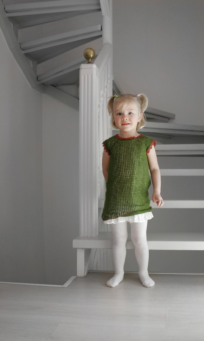 Organic girl dress, organic wool tunic, crochet dress, baby girl clothes, - ชุดเด็ก - วัสดุอีโค สีเขียว