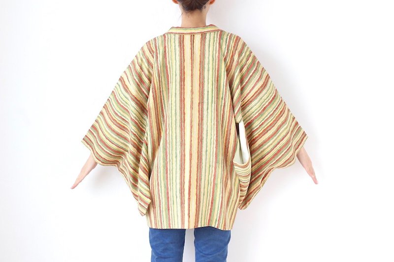 stripe silk kimono, Japanese kimono, haori, kimono jacket, silk cardigan /3200 - Women's Casual & Functional Jackets - Silk Yellow