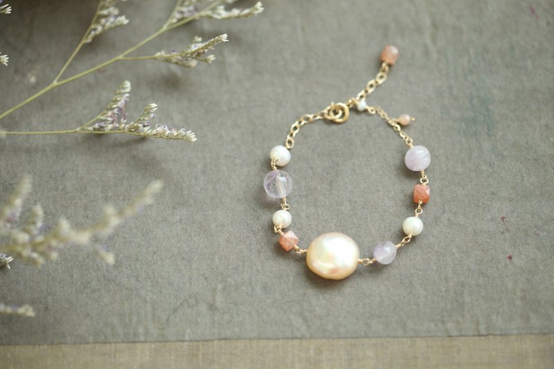 Baroque Pearl Morganite Moonstone Natural Pearl Bracelet Natural Stone Birthday Gift - สร้อยข้อมือ - เครื่องประดับพลอย 
