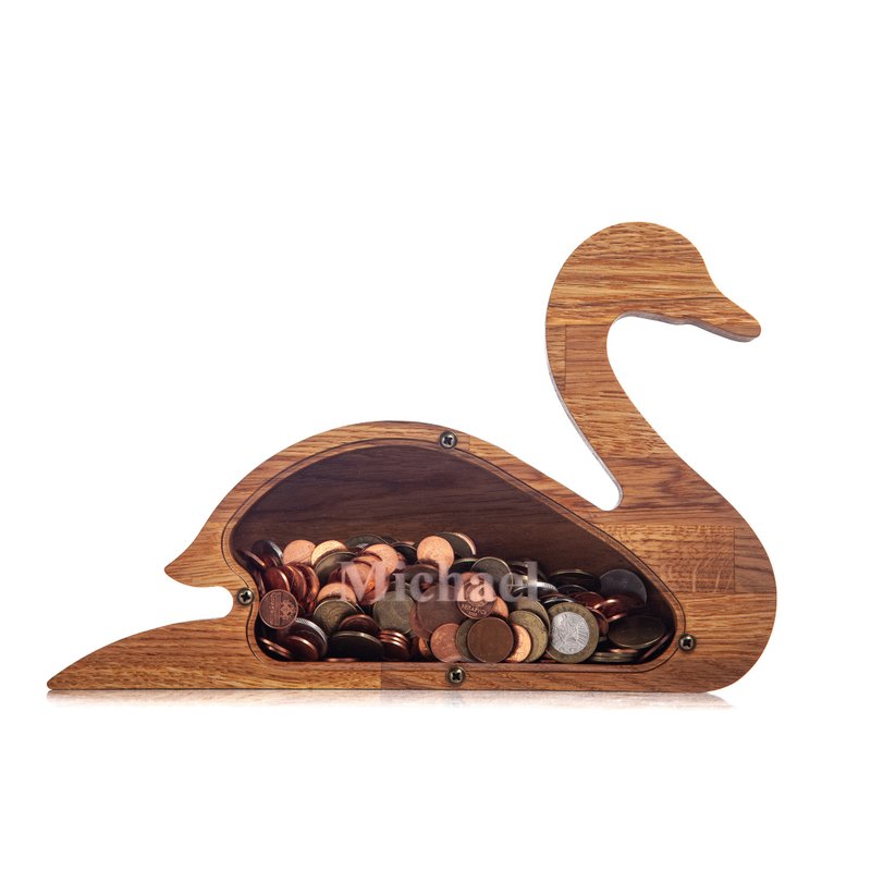 Wood piggy bank SWAN Adult coin bank Daughter gift from mom Modern tip jar - กระปุกออมสิน - ไม้ 