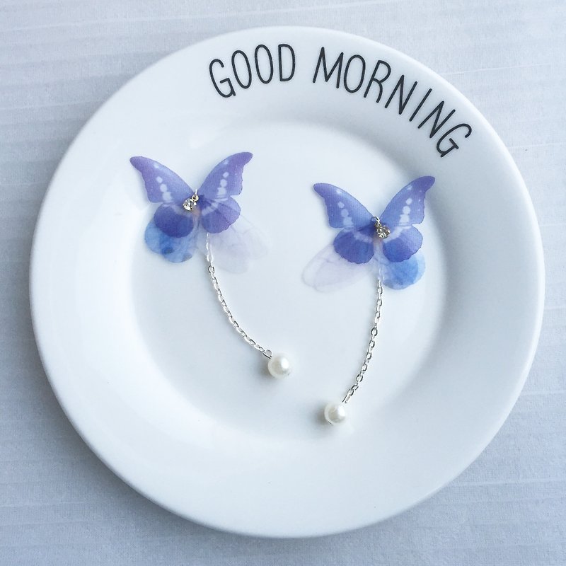 3D﹣blue purple organza silk butterfly long dangle earrings pearl - Earrings & Clip-ons - Other Materials Blue