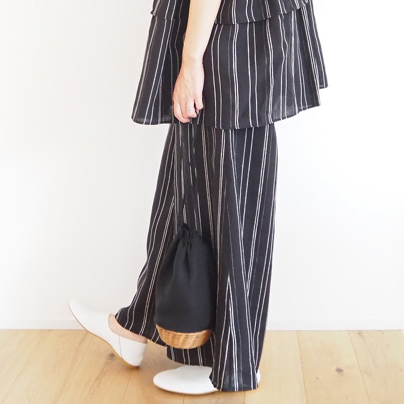 Pre-order Linen stripe wide pants - 女襯衫 - 棉．麻 黑色