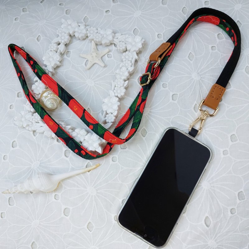 Three-in-one multi-functional black round flower Korean cotton mobile phone oblique strap / oblique strap / back rope / - Lanyards & Straps - Cotton & Hemp Black