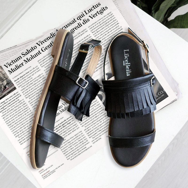 【her eyelashes】Leather Sandals - Black - Sandals - Genuine Leather Black