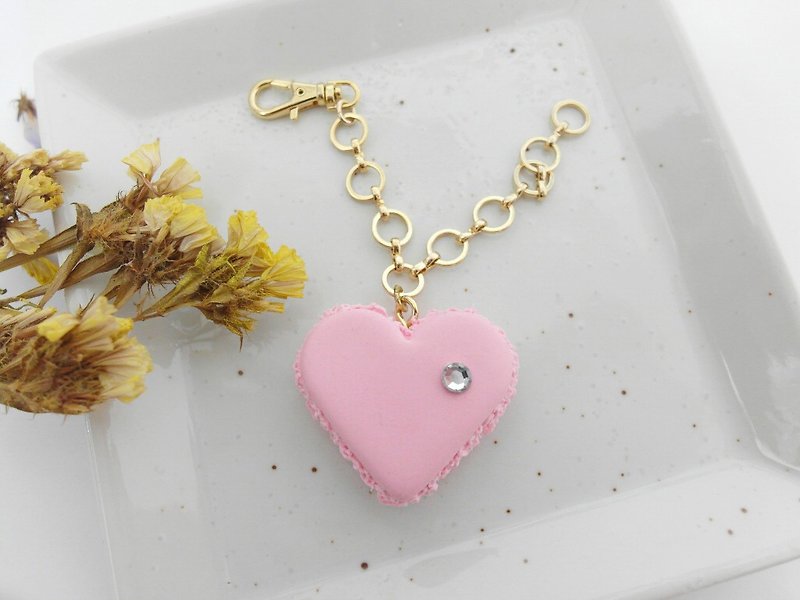 粉色水鑽愛心馬卡龍包包掛飾 鑰匙圈 婚禮小物 - 鑰匙圈/鎖匙扣 - 黏土 粉紅色