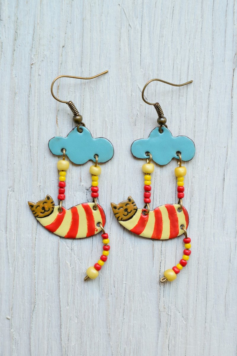 Jewelry, Earrings, Enamel Earrings, Cat Earrings, Striped Jewelry, Cat Jewelry - ต่างหู - วัตถุเคลือบ สีเหลือง