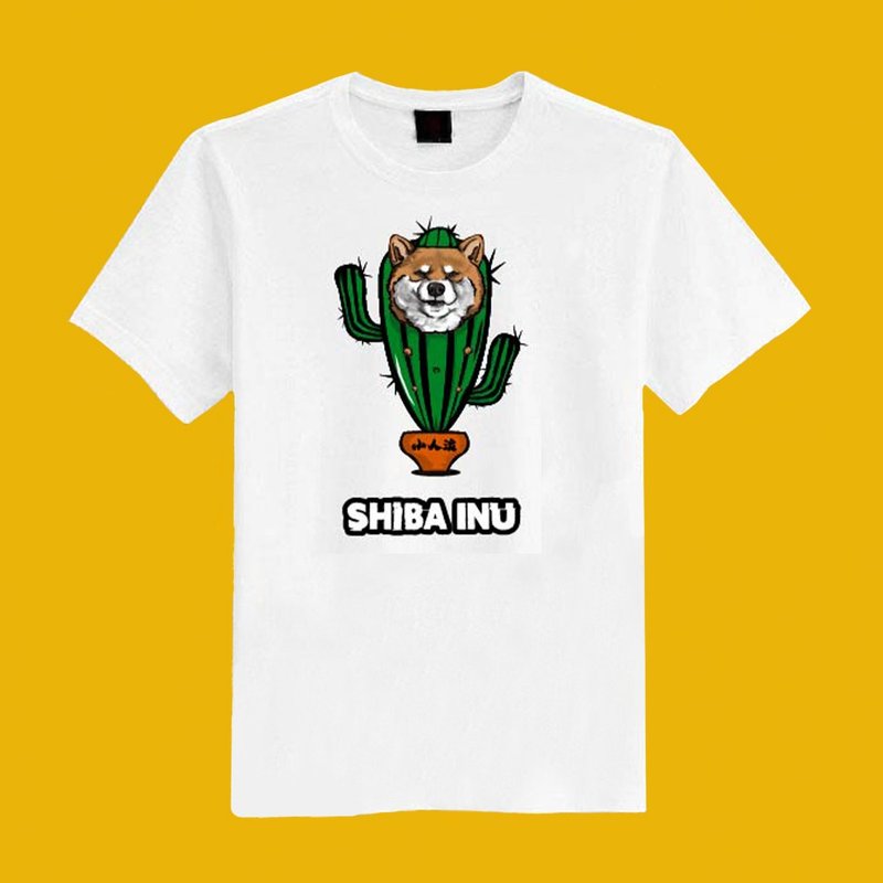 Cactus Shiba Inu dog illustration original white short T clothes T-shirt couples clothing children's clothing mother and child clothing - เสื้อยืดผู้หญิง - ผ้าฝ้าย/ผ้าลินิน ขาว