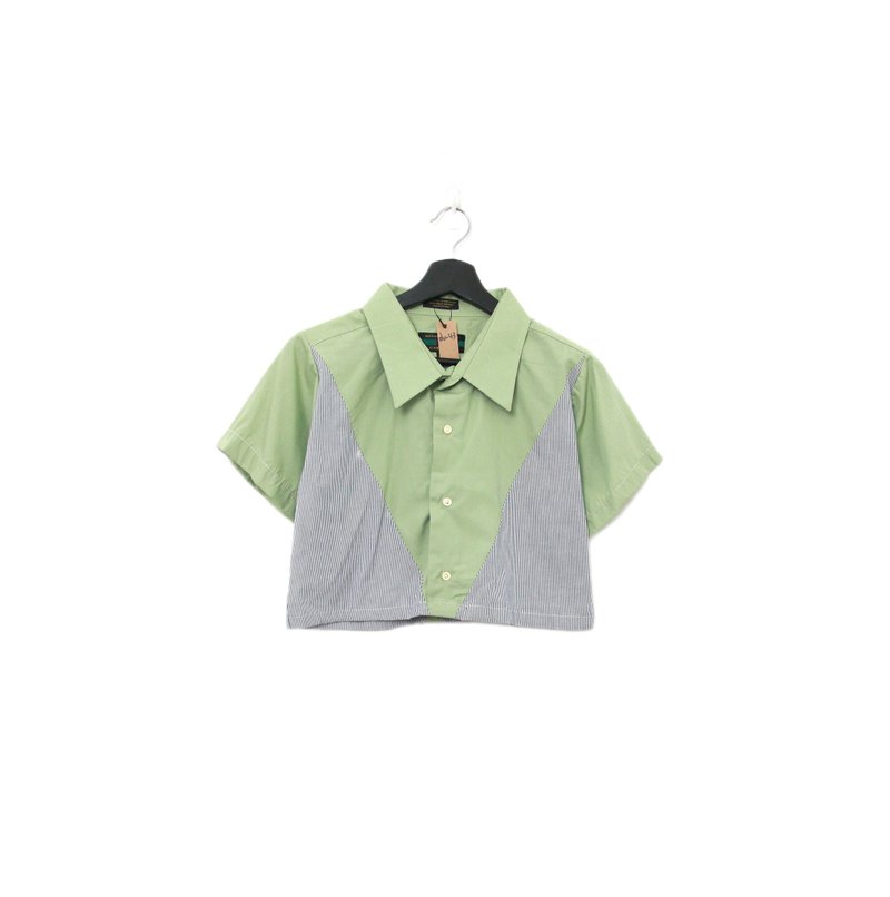 Back to Green-再製短板拼接襯衫 綠黑白紋 dv-43//vintage shirt - 女襯衫 - 棉．麻 