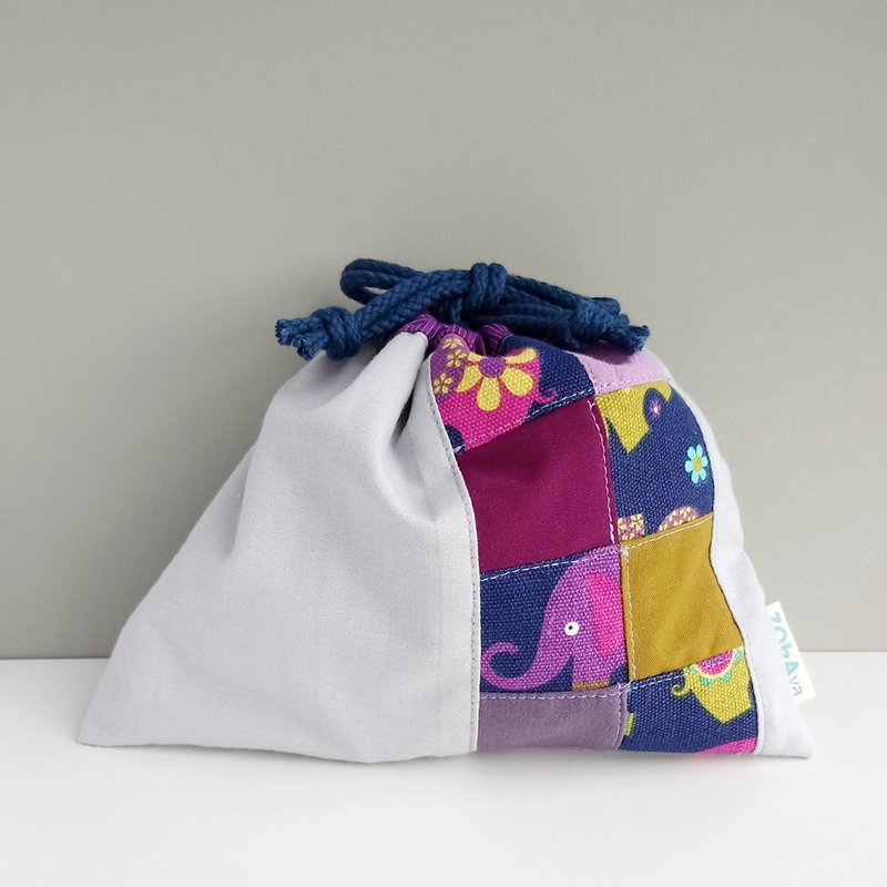 【In Stock】Patchwork Drawstring Bag (Lined ‧ Blue Grey) - Drawstring Bags - Cotton & Hemp Blue