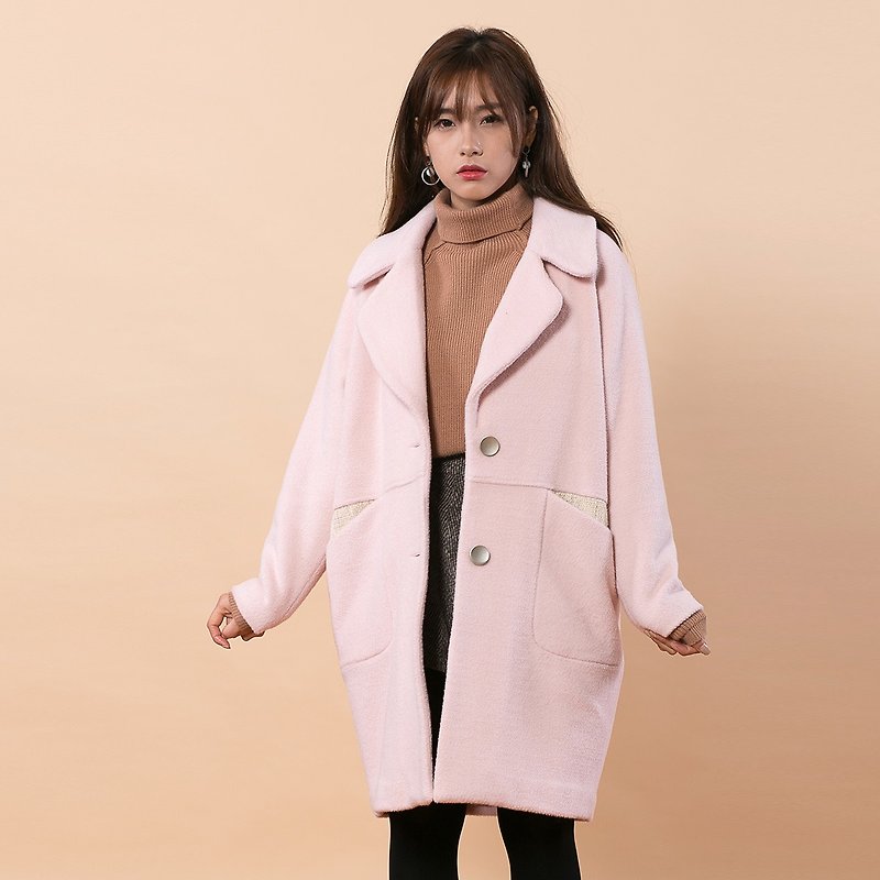 Annie Chen long paragraph wool coat 2016 winter new women's loose large size rabbit fur coat - เสื้อแจ็คเก็ต - ผ้าฝ้าย/ผ้าลินิน สึชมพู