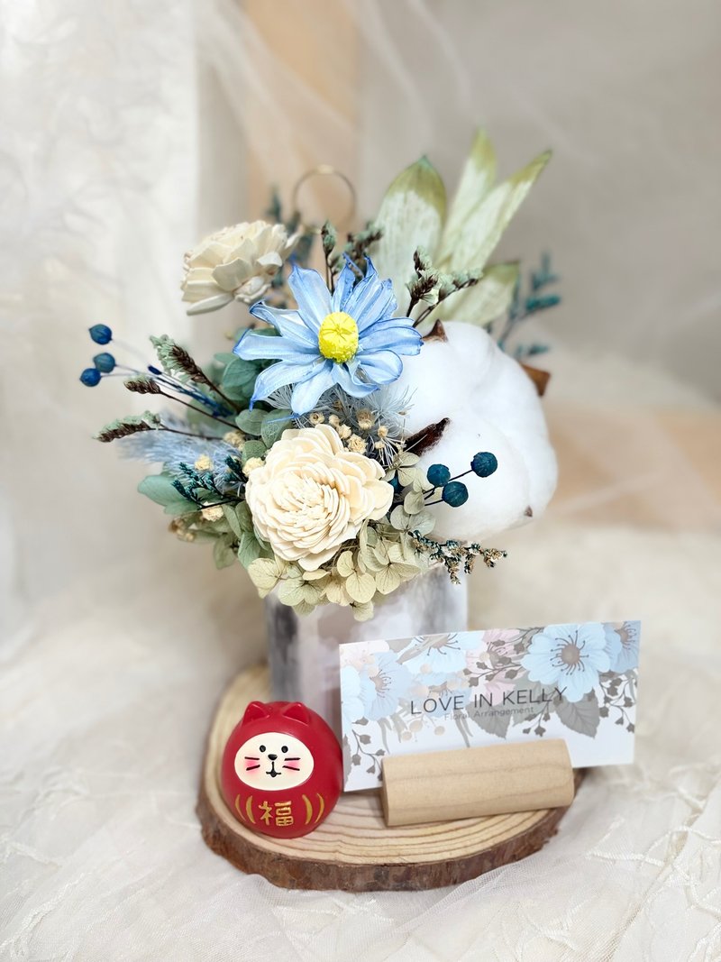 辦公室療癒系 招福貓名片座x擴香乾燥盆花 - 名片架/名片座 - 植物．花 藍色