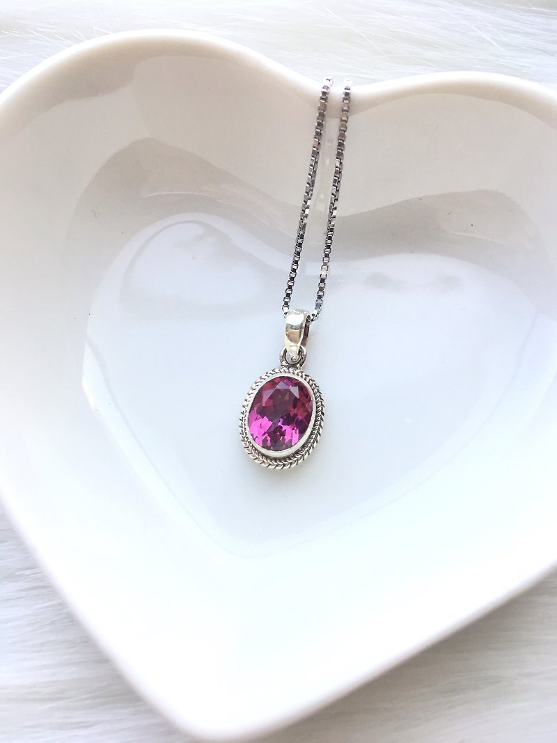 Pink topaz 925 sterling silver simple striped necklace - Necklaces - Gemstone Silver