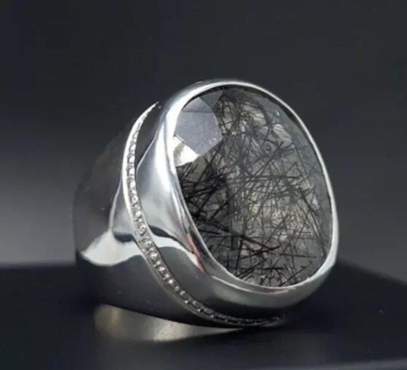 Natural Muh e Najaf Mens Sterling Silver 925 Handmade Ring Rutilated Quartz Ring - 戒指 - 寶石 黑色
