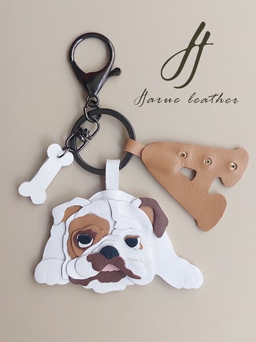 harue leather Personalized Bulldog Pug Leather Keychain with intials