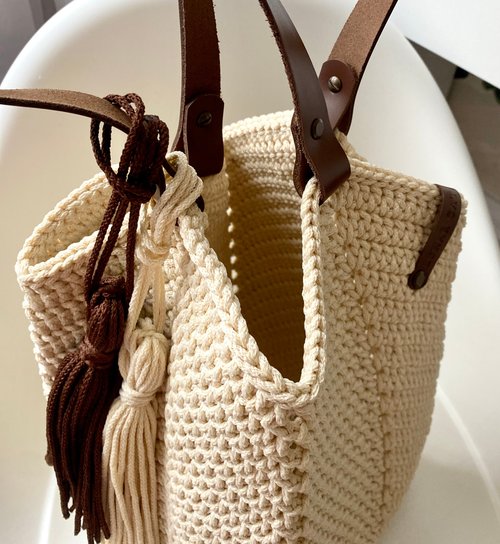 Crochet Granny Square Bag With Leather Straps, Reusable Grocery Bag ...