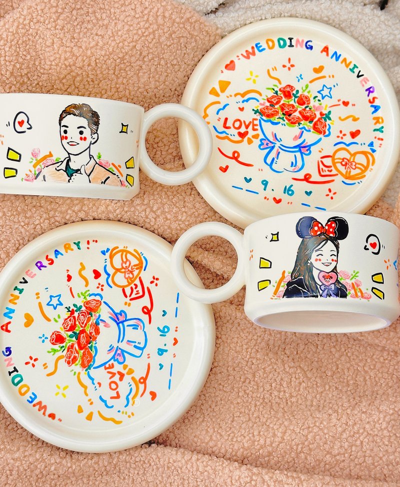 【客製化禮物】手繪Q版人像 馬克杯 情侶對杯 盤子套裝 生日禮物 - 咖啡杯/馬克杯 - 陶 