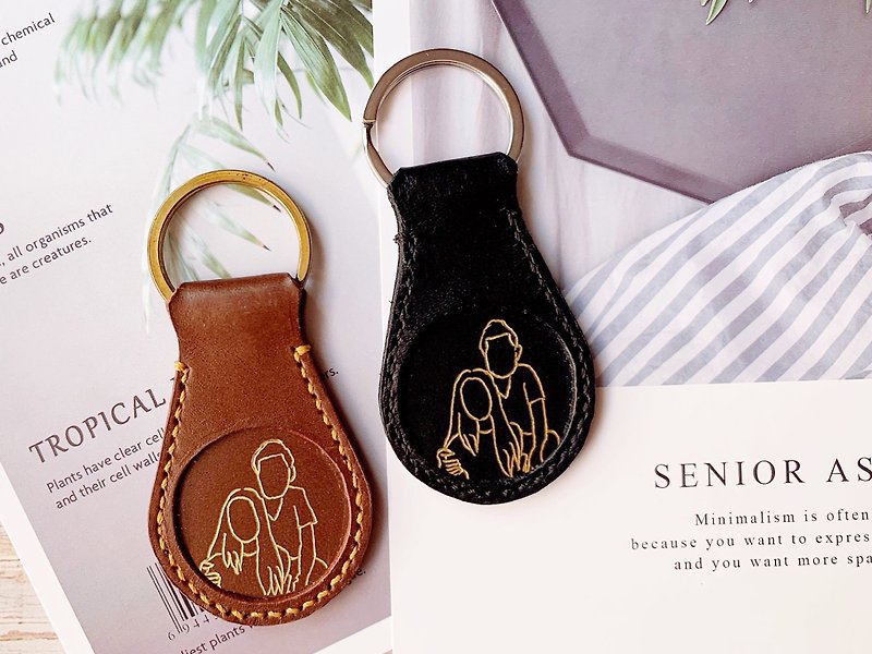 [additional purchase with the same picture] hot stamping portrait painting leather key ring (water drop type) - Keychains - Genuine Leather Black