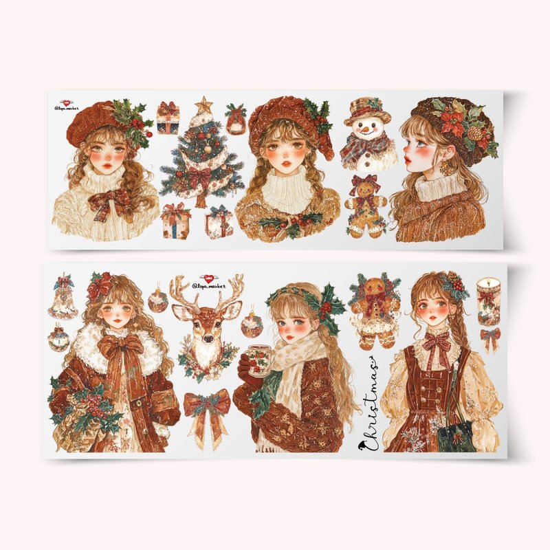 Classic Holiday Vintage Girl Character Stickers – Set of 6 Sheets - 貼紙 - 紙 