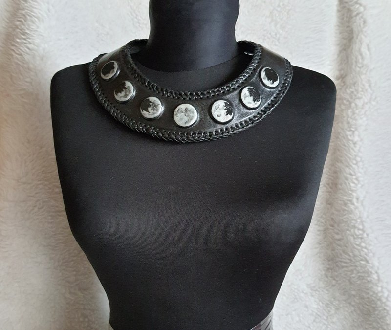 leather necklace,moon,occult,witchy,pagan,Cosplay,lunar,wicca,choker gothic - Necklaces - Genuine Leather Black