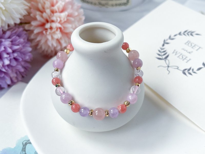 [Rouge] Rhodochrosite powder crystal Lithium White Moonstone Amethyst 14K Gold Bracelet - Bracelets - Crystal Pink