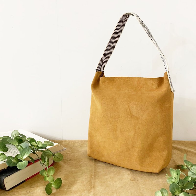 Cow suede leather cotton one handle mini tote bag 3 colors available - กระเป๋าแมสเซนเจอร์ - หนังแท้ สีน้ำเงิน