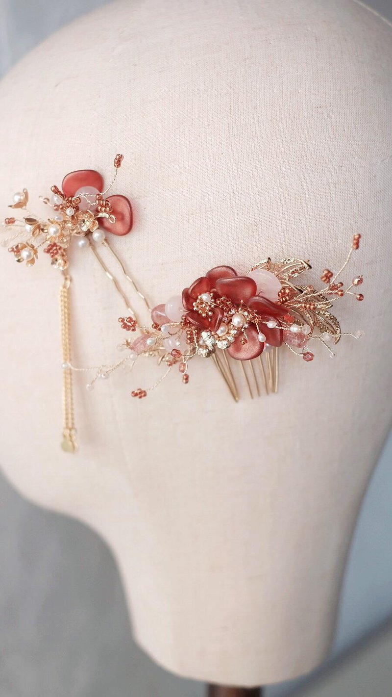 古典琉璃新娘頭飾,中式頭飾,裙褂頭飾,旗袍頭飾,Bridal Headpiece - 髮夾/髮圈 - 水晶 紅色