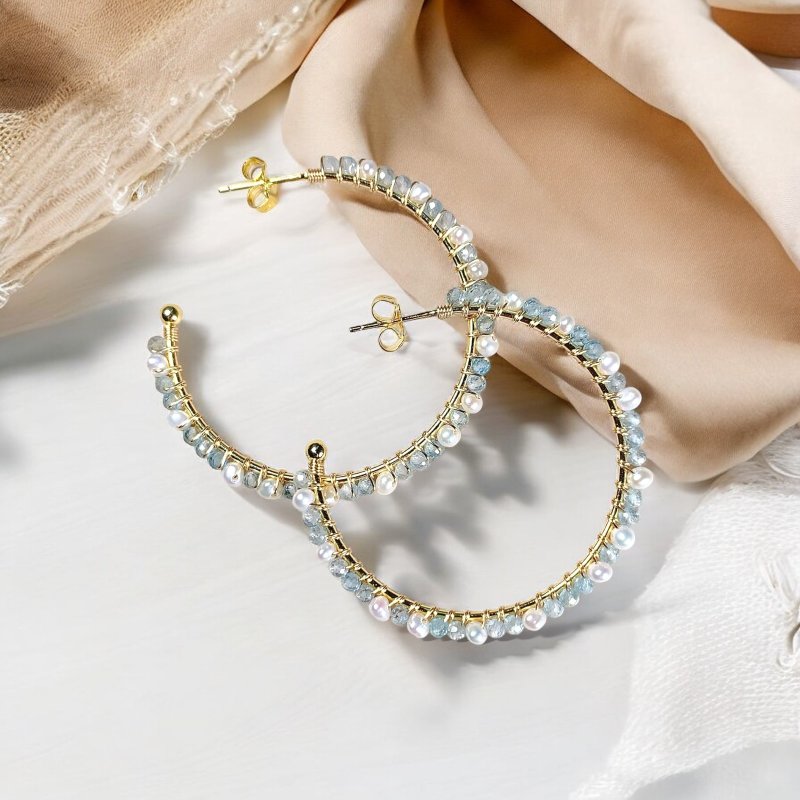 Apatite and Pearl Hoop Earrings | 14K Gold Filled | 925 Silver | Gemstone - Earrings & Clip-ons - Gemstone Blue