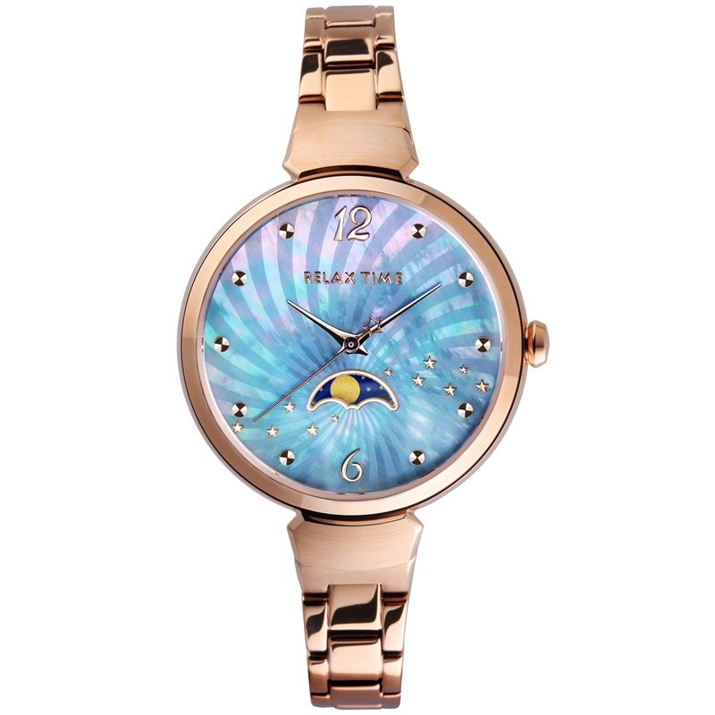 RELAX TIME [Anahid Moon Goddess Series] Moon Phase Rose Gold Female Watch-Blue (RT-69-2) - Women's Watches - Stainless Steel Blue